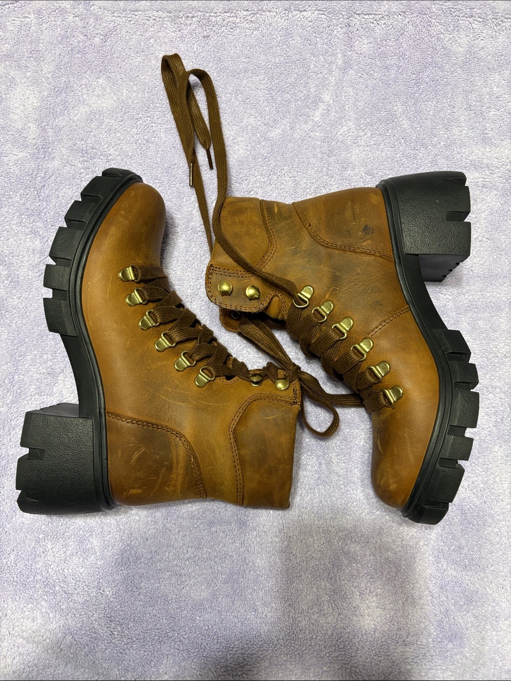 Steve Madden LEATHER Tan Lace-Up Chunky Lug Heel Boots
